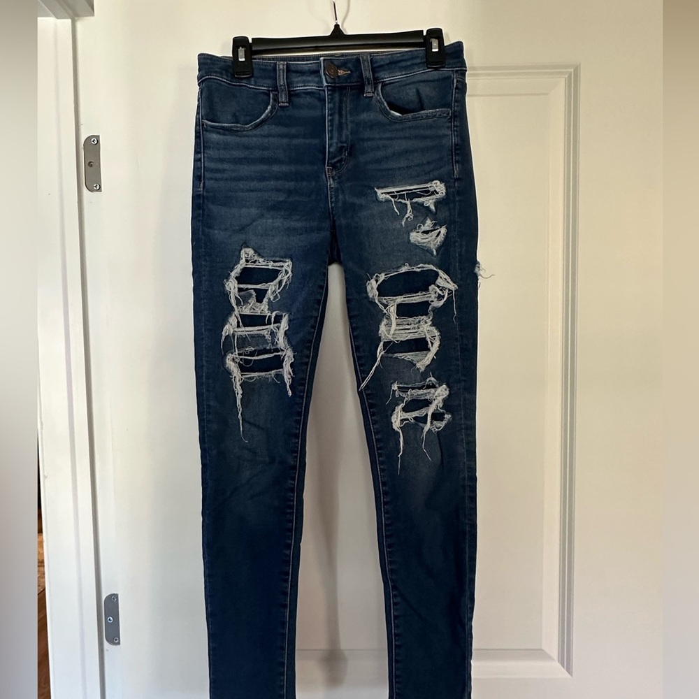 AE Hi-Rise Cozy Jeggings, Size 6R, Dark Wash, Destructed